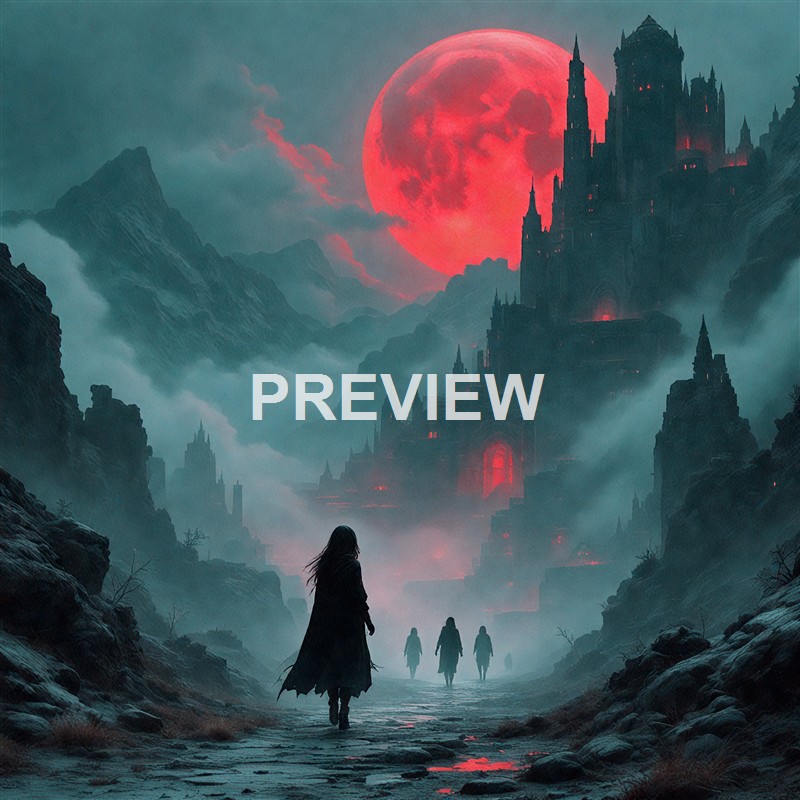 A dark, fantastical landscape featuring a towering, ominous castle with spires illuminated by red light, set against a backdrop of a large, eerie red moon and misty mountains, with a lone figure walking along a rocky path.